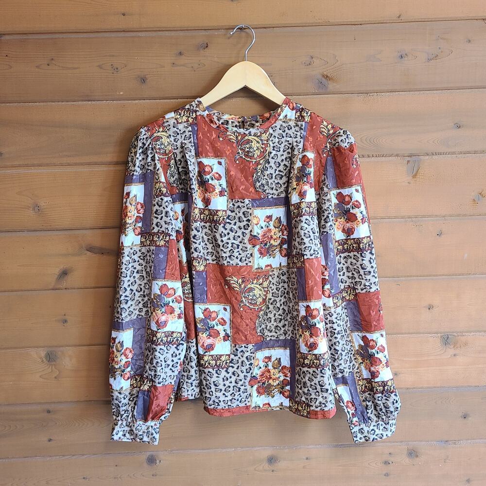 Vintage Leopard Floral Top Maximalist Patchwork Blouse Baroque 80's 10 Boho